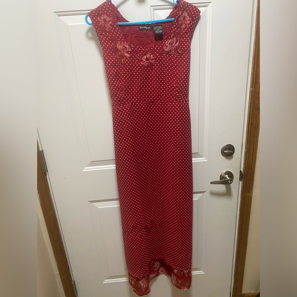 VINTAGE Y2K Crossing Pointe Red Polka Dot Maxi Dress Floral Embroidered